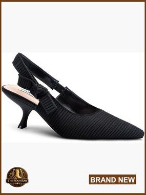 Black Knitted Slingback Kitten Heels Pointed Toe Pumps 2.4 Inch Low Heel